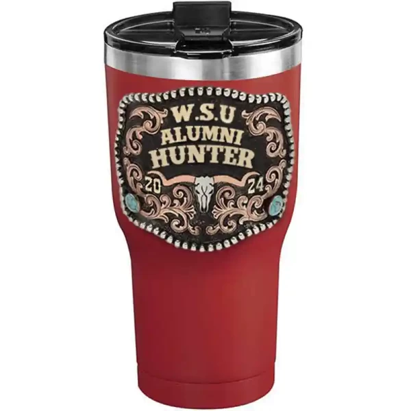 A customized tumbler made of stainless steel with a personalized engraved initials and Alumni Hunter lettering, 30 oz, ideal for coffee or cool drinks